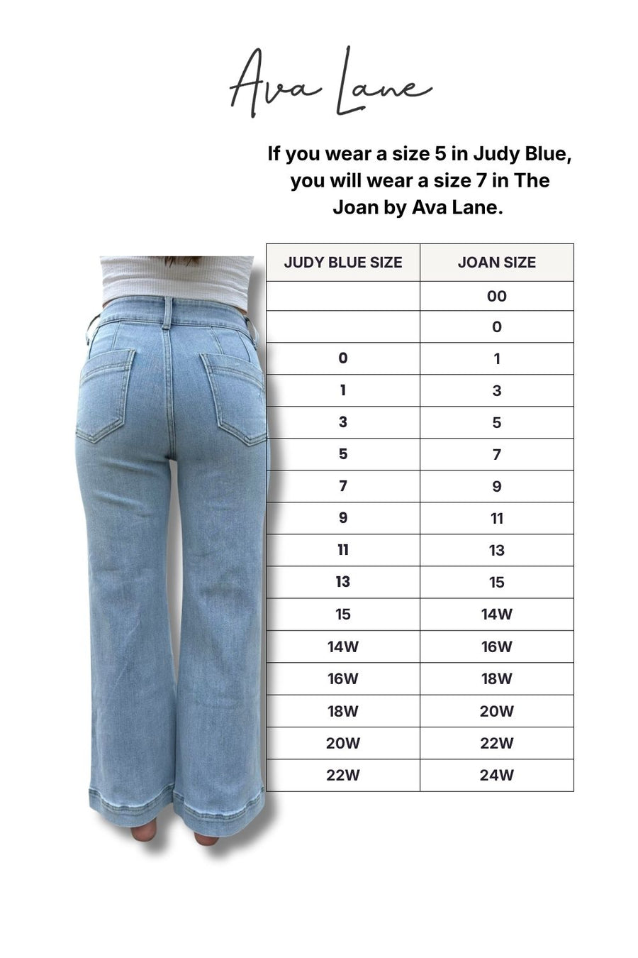 Light blue jeans with a size chart for Ava Lane clothing brand on a white background