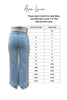Light blue jeans with a size chart for Ava Lane clothing brand on a white background