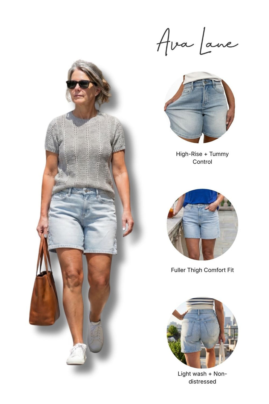 Woman wearing light wash denim shorts with an inset showing different fit options.