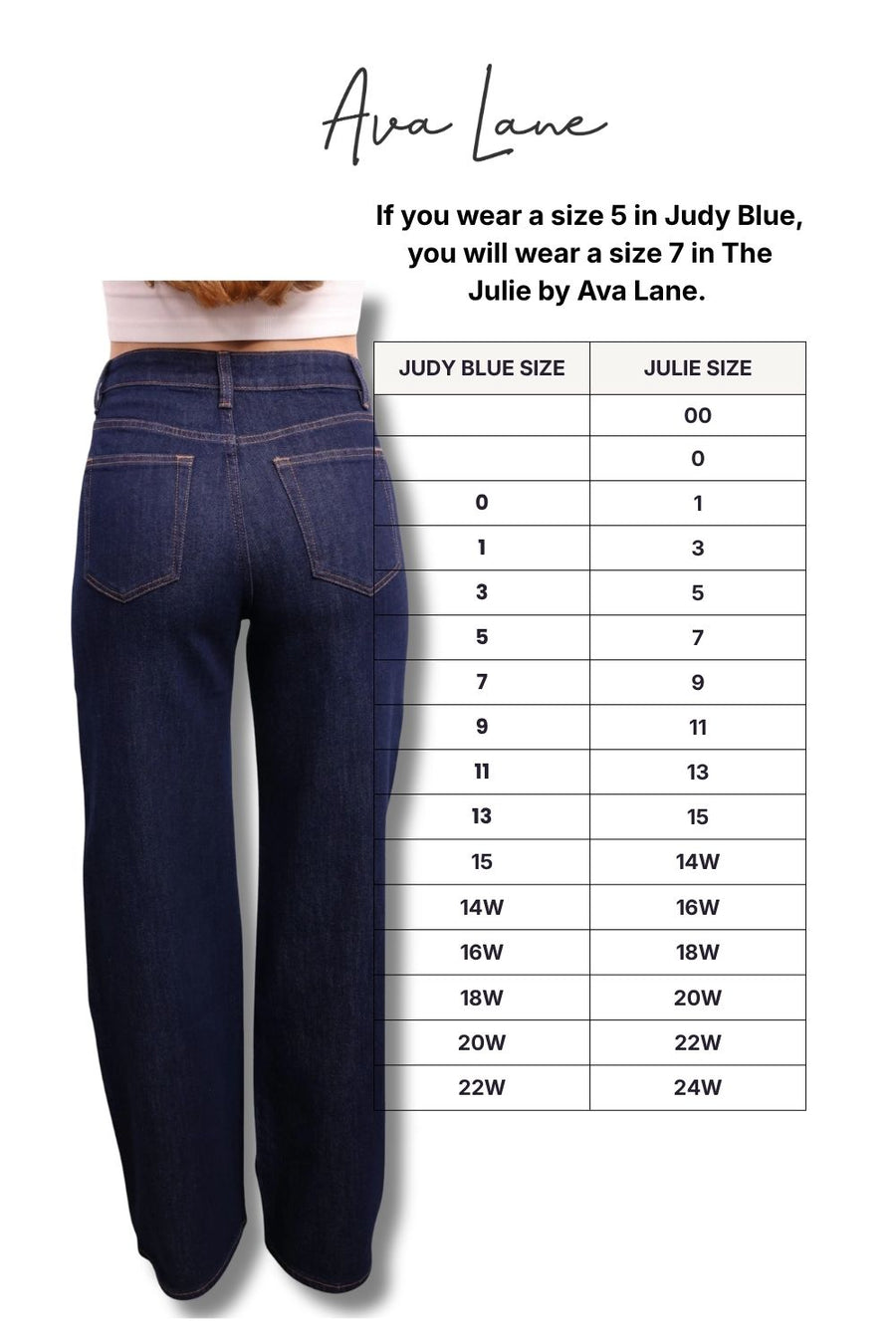 Pair of blue jeans with a size chart on a white background, featuring Ava Lane branding.