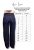 Pair of blue jeans with a size chart on a white background, featuring Ava Lane branding.