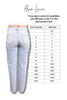 Light blue jeans with a size chart for Ava Lane brand on a white background