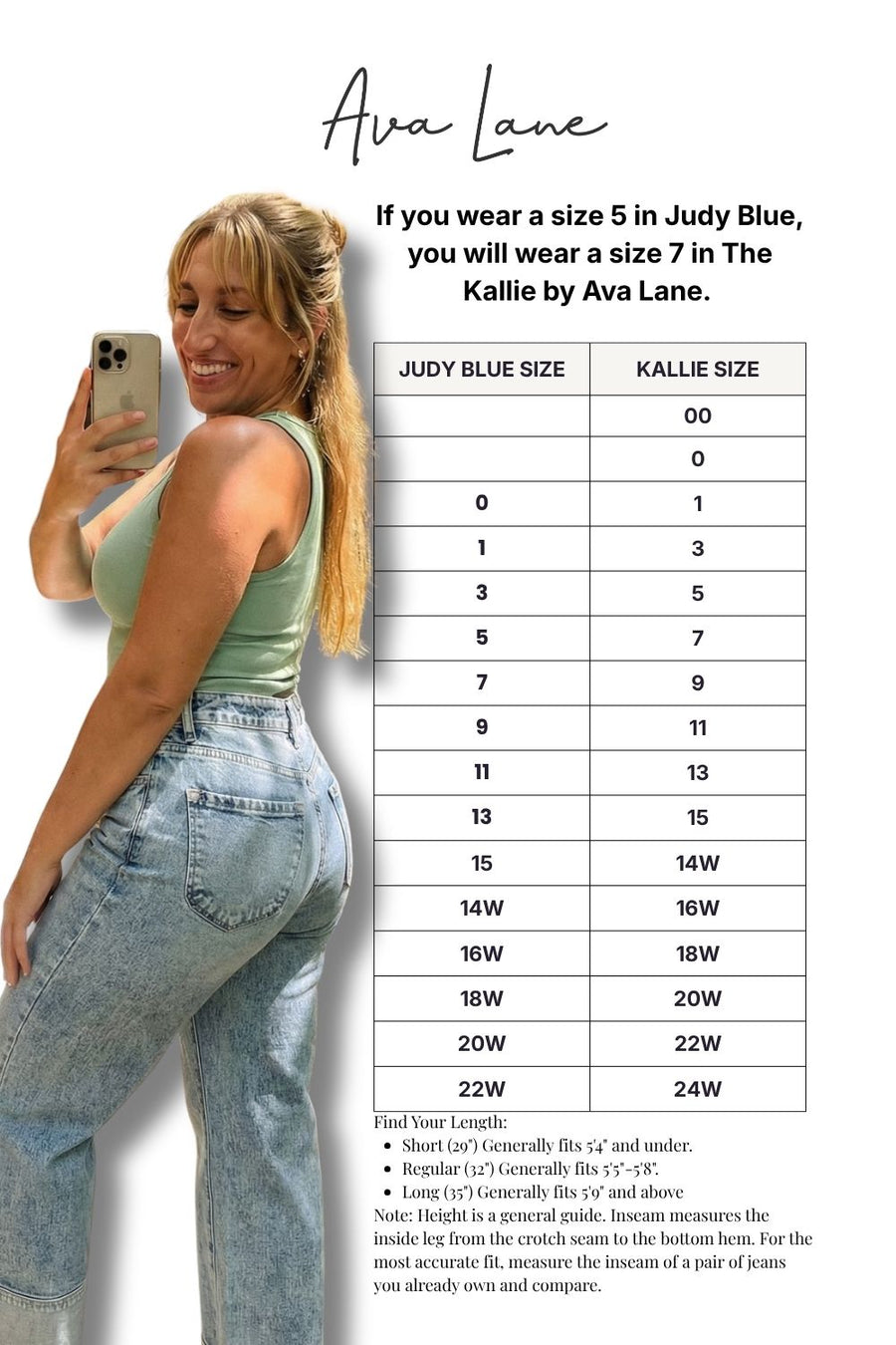 Woman taking a selfie wearing a green top and blue jeans with a size chart for Ava Lane clothing on a white background.