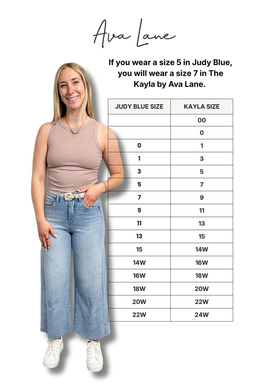 Woman wearing a pink top and blue jeans with a size chart on a white background, featuring Ava Lane branding.