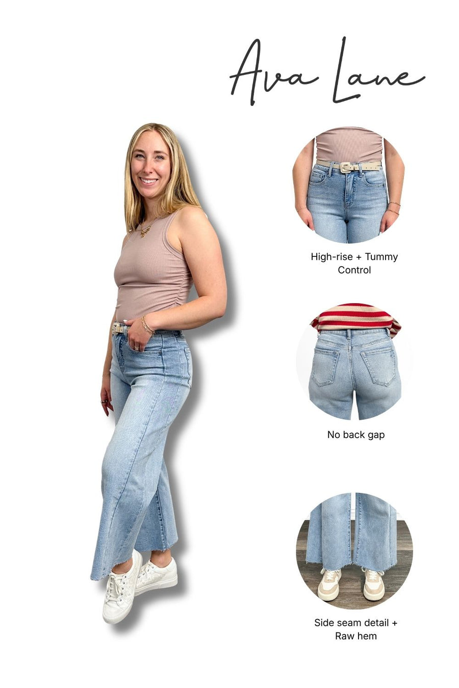 Woman wearing light blue jeans with product features highlighted, including 'Ava Lane' branding.