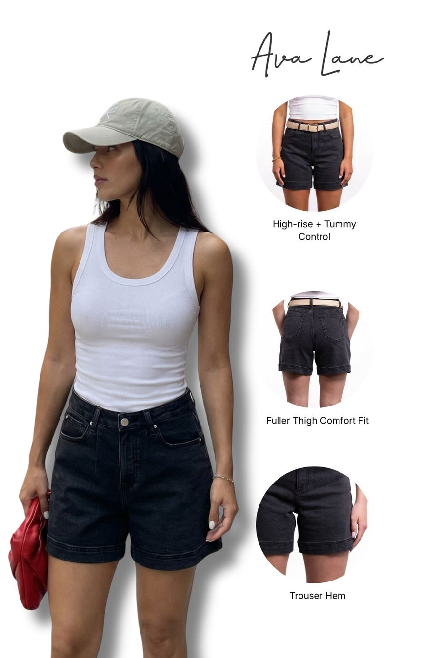 Woman wearing black shorts with Ava Lane branding, showing different fit options.