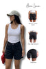 Woman wearing black shorts with Ava Lane branding, showing different fit options.
