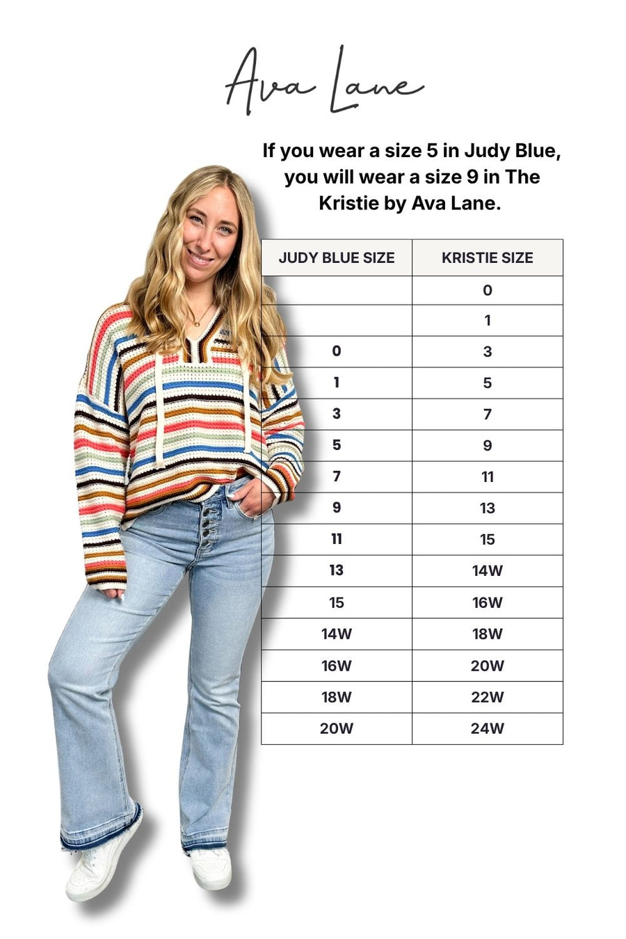 Woman wearing a striped sweater and jeans with a size chart for Ava Lane clothing brand.