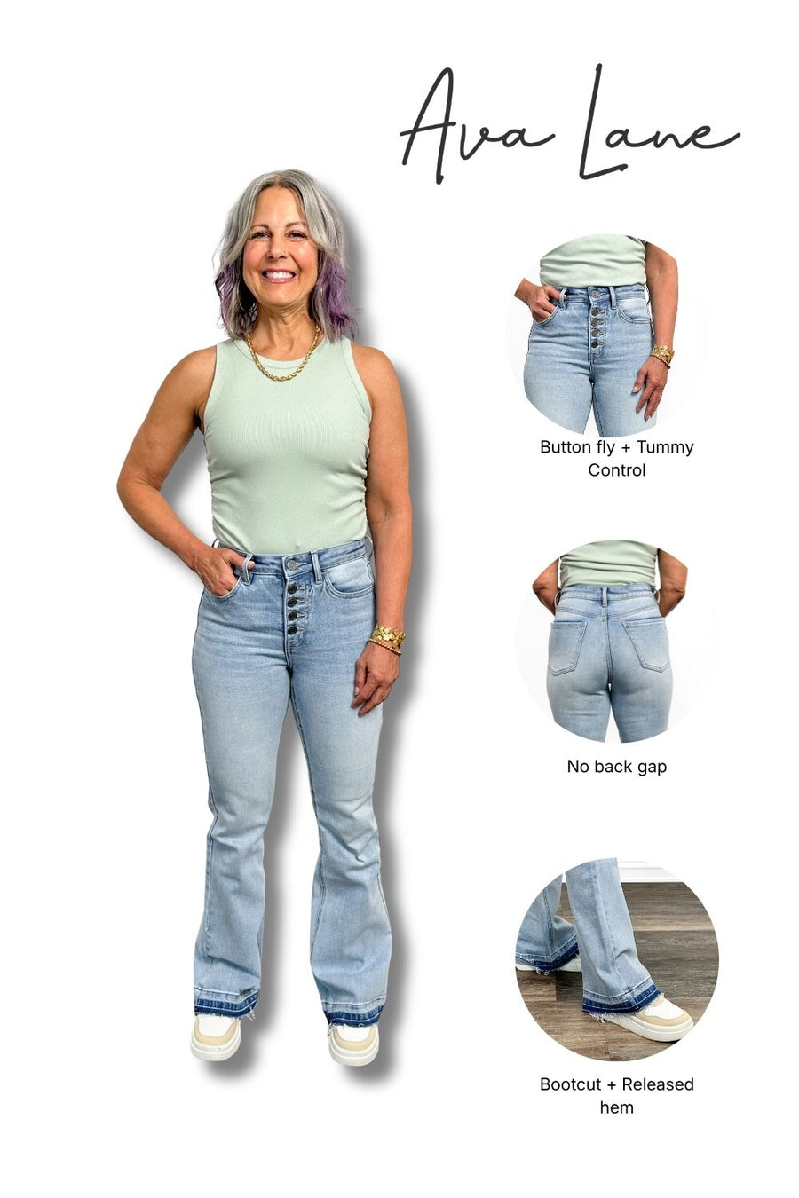 Woman wearing light blue jeans with inset images showing different features of the jeans.