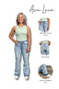Woman wearing light blue jeans with inset images showing different features of the jeans.