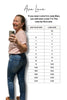 Woman taking a selfie wearing jeans with a size conversion chart from Judy Blue to Lana by Ava Lane.