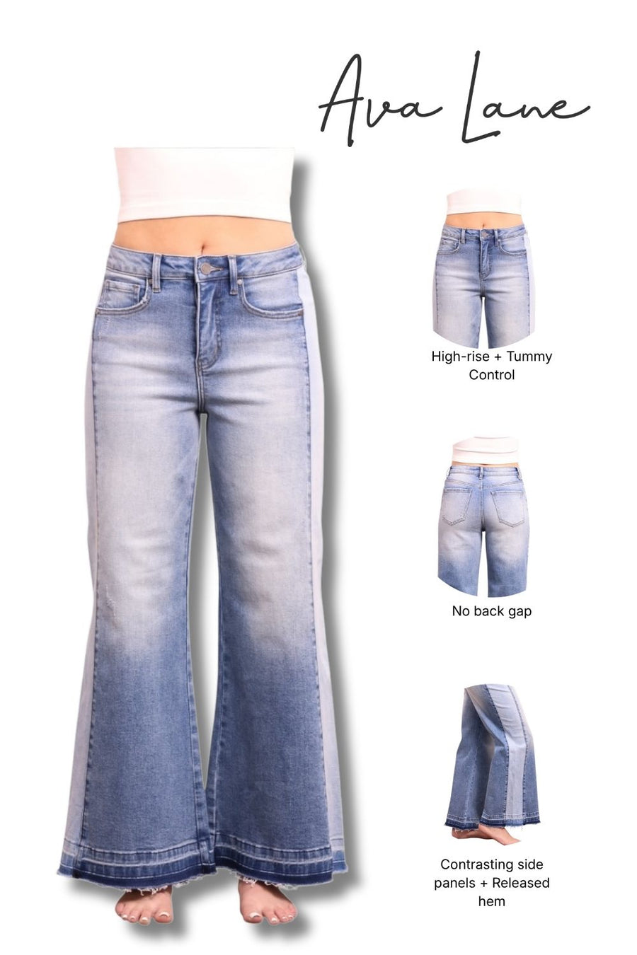 Denim jeans with features highlighted on a white background, labeled 'Ava Lane'.