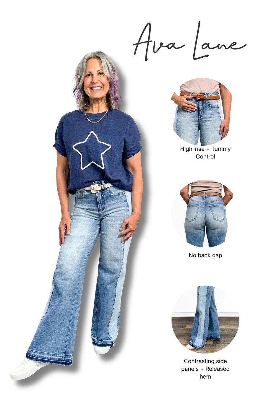 Woman wearing blue jeans with an 'Ava Lane' label, showing different features of the jeans.