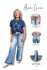 Woman wearing blue jeans with an 'Ava Lane' label, showing different features of the jeans.