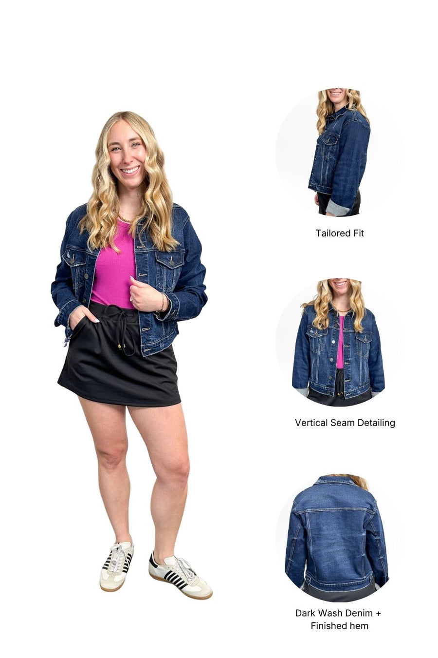 Woman wearing a denim jacket with close-up insets showing details.
