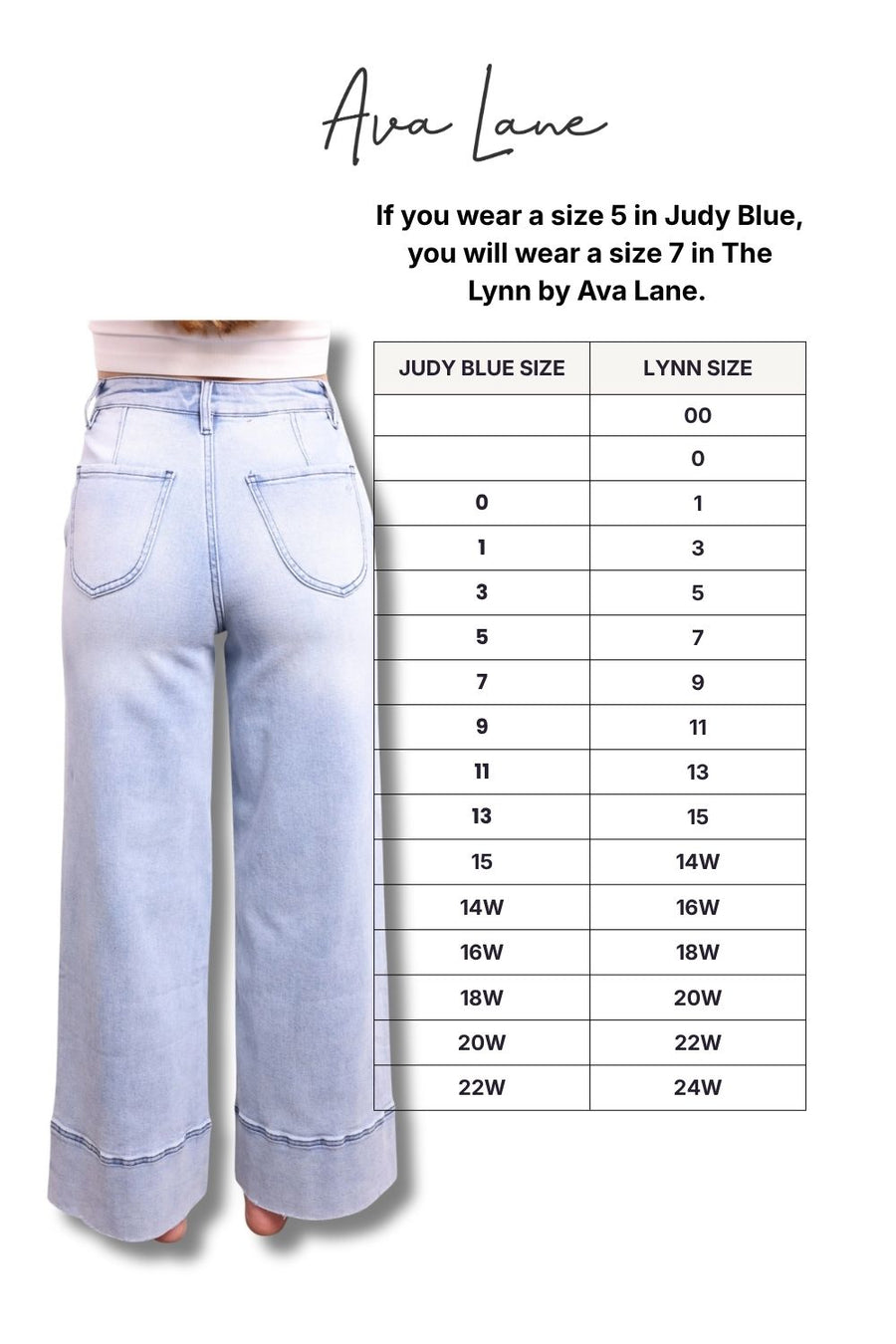 Light blue jeans with a size chart for Ava Lane brand on a white background