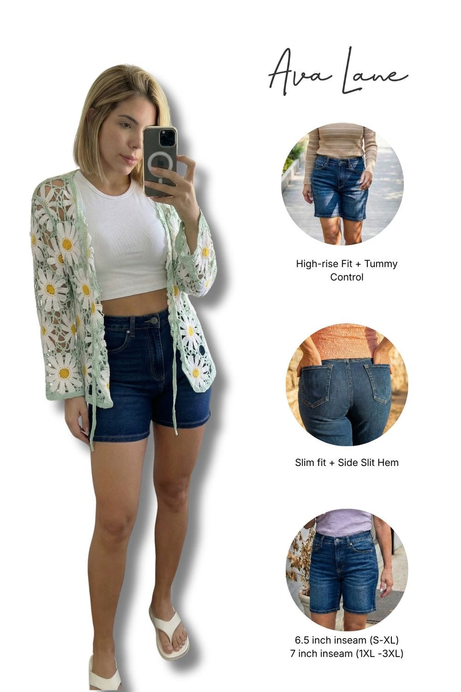 Woman taking a mirror selfie wearing denim shorts with Ava Lane branding and product details.