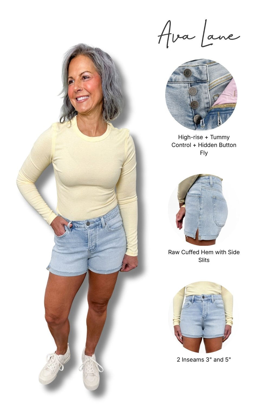 Woman wearing a yellow long-sleeve top and light blue denim shorts with product details on a white background.