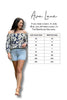 Woman wearing a floral off-shoulder top and denim shorts with a size chart on a white background.
