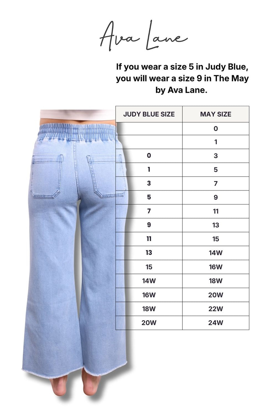 Light blue jeans with a size chart for Ava Lane brand on a white background