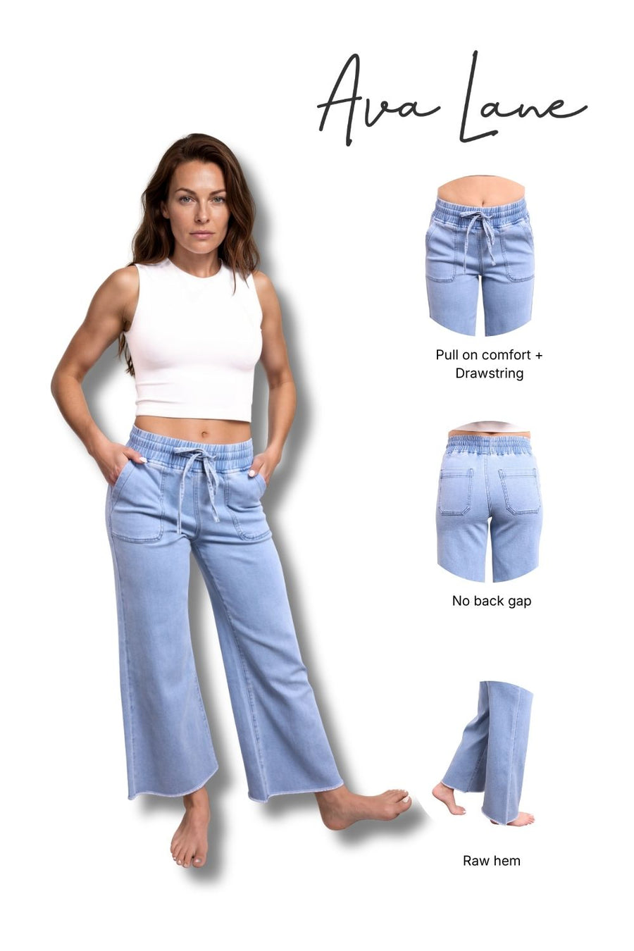 Woman wearing light blue pants with 'Ava Lane' branding, showing different hem lengths.