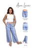 Woman wearing light blue pants with 'Ava Lane' branding, showing different hem lengths.