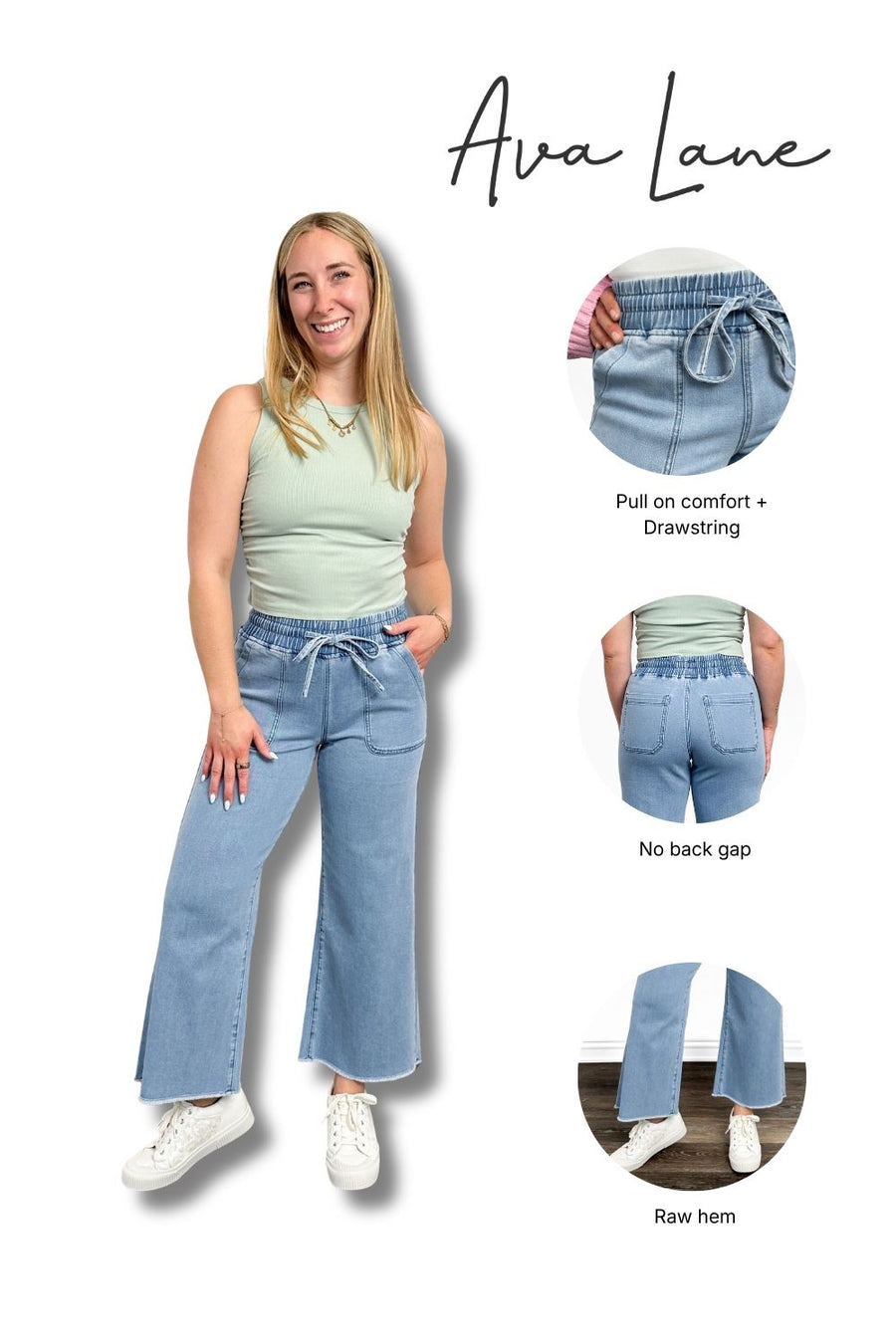 Woman wearing light blue jeans with an inset showing different hem styles and 'Ava Lane' branding.