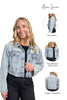 Woman wearing a stone-washed denim jacket with product details on a white background