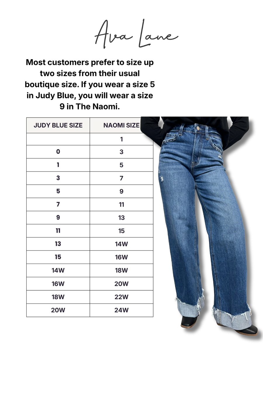 Size chart for Ava Lane jeans with a person wearing the jeans.