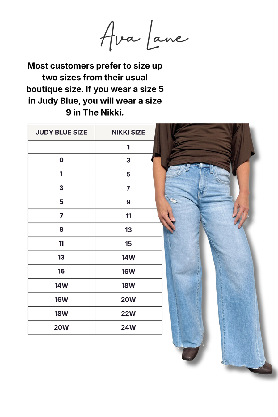 Person wearing light blue jeans with a size chart for Ava Lane jeans on a white background