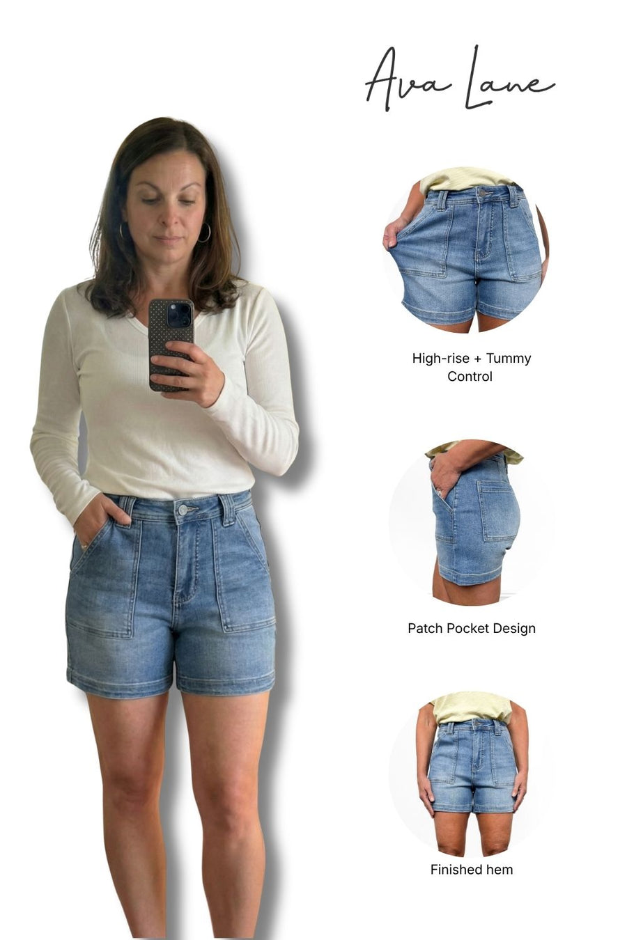 Woman wearing denim shorts with product features highlighted on a white background