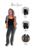 Woman wearing black jeans with a leopard print jacket, promotional graphic for Ava Lane jeans.