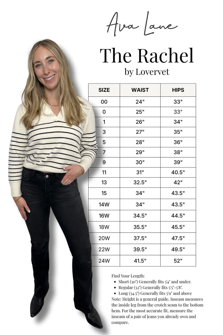Woman wearing a striped sweater and black pants with a size chart for 'The Rachel' by Lovervet.