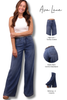 A woman modeling wide-leg blue jeans on a white background, with inset product detail views and the text 'Ava Lane' and feature callouts including high-rise + tummy control, elastic back comfort waistband, and wide leg + 3 inseams.
