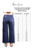 A size conversion chart for Ava Lane wide-leg jeans, showing a model from the back wearing blue jeans next to a table mapping Judy Blue sizes to Raya sizes.