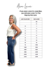 A size conversion chart for Ava Lane jeans, showing a woman modeling blue jeans next to a table that lists size mappings from Judy Blue to Raya by Ava Lane.