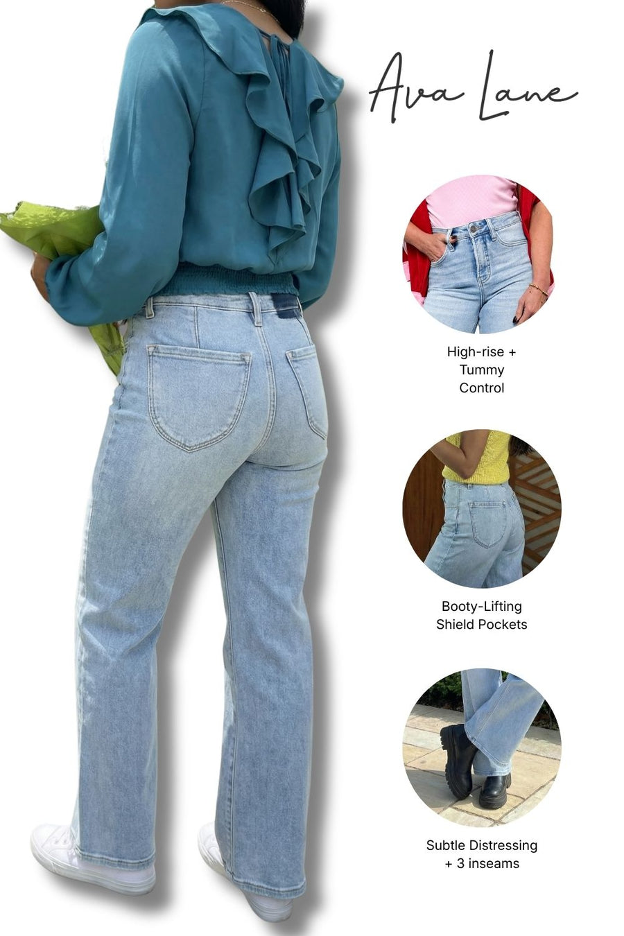 Person wearing light blue jeans with text highlighting features like high-rise, tummy control, booty-lifting, shield pockets, subtle distressing, and inseams. Brand 'Ava Lane' is visible.