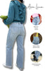 Person wearing light blue jeans with text highlighting features like high-rise, tummy control, booty-lifting, shield pockets, subtle distressing, and inseams. Brand 'Ava Lane' is visible.