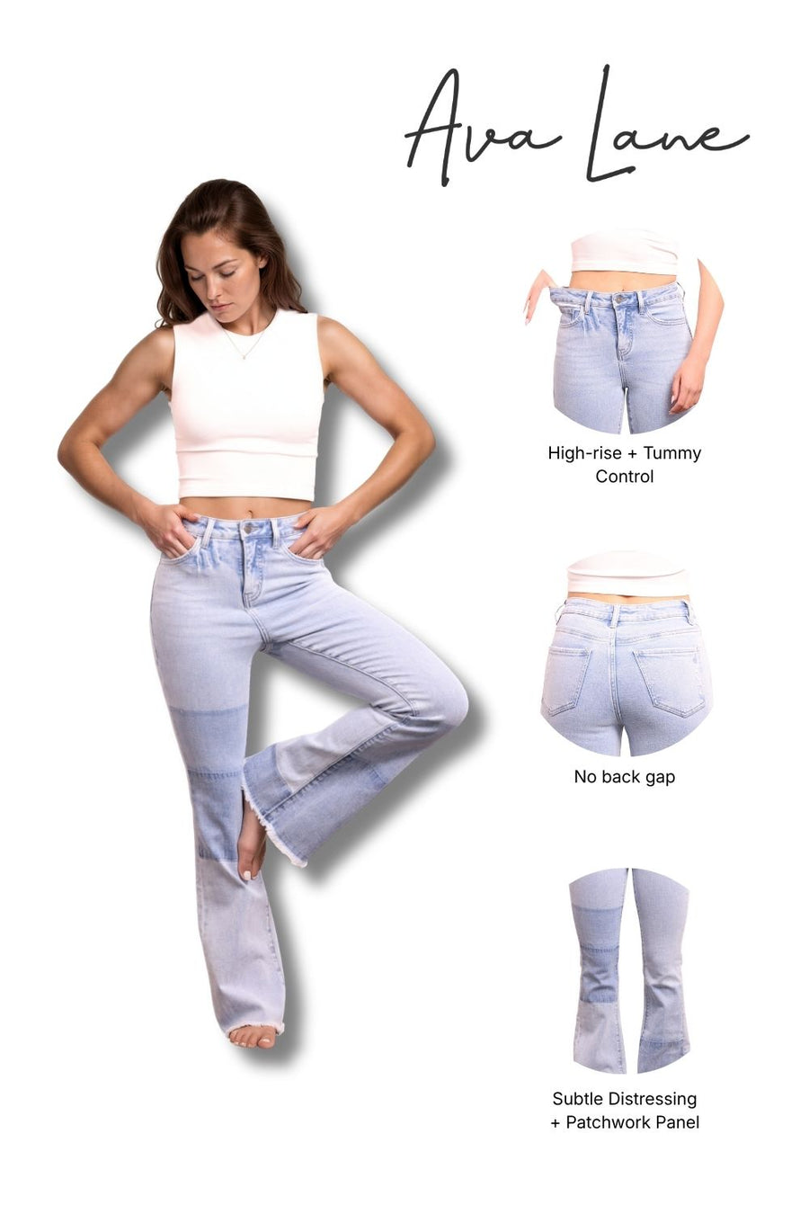 Woman wearing light blue jeans with product features highlighted, including 'Ava Lane' branding.