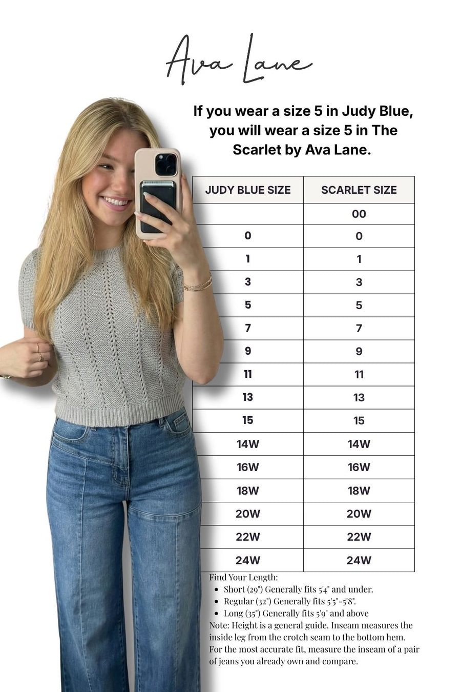 Woman taking a selfie next to a size chart for Ava Lane clothing, with text indicating size equivalency between Judy Blue and Scarlet by Ava Lane.
