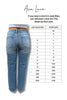Pair of blue jeans with a size chart on a white background, featuring Ava Lane branding.