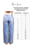A size conversion chart for Ava Lane jeans showing a back view of a model wearing light blue wide-leg jeans next to a size table. Text at the top reads, 'Ava Lane If you wear a size 5 in Judy Blue, you will wear a size 9 in The Steph by Ava Lane.