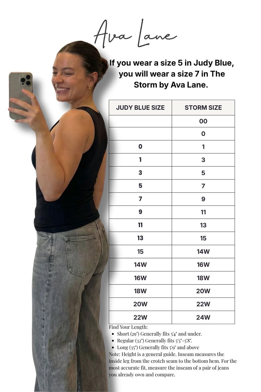 Person taking a selfie with a size chart for Ava Lane clothing, showing size conversion between Judy Blue and The Storm.