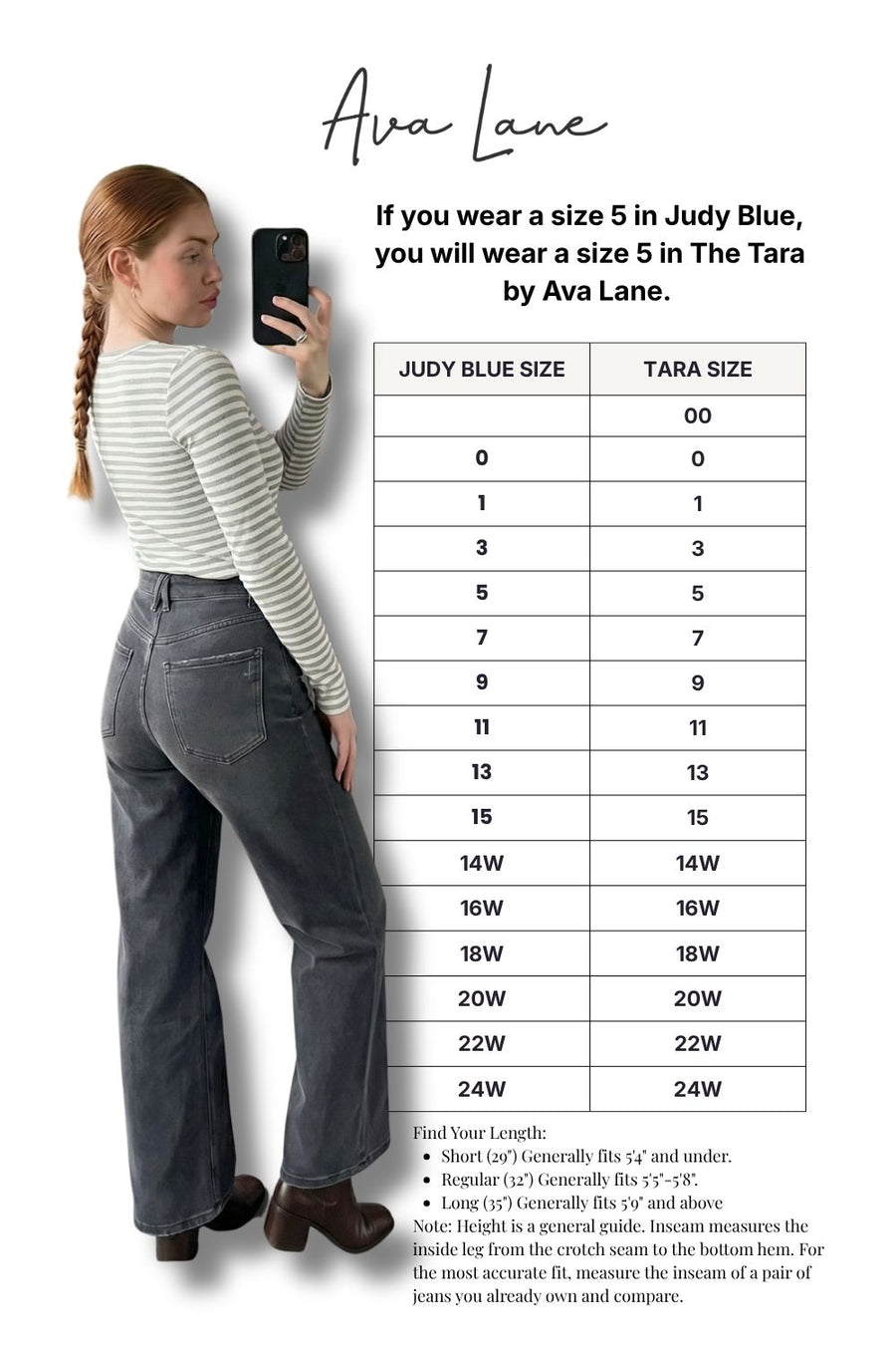 Person wearing gray pants with a size chart for Ava Lane clothing brand.