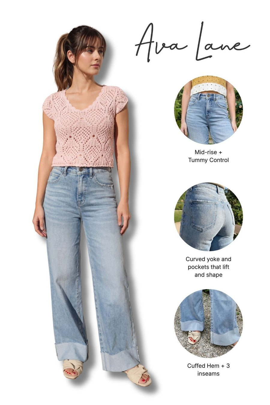 Woman wearing light blue jeans with a pink top, standing next to promotional text and images of the jeans.