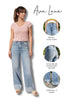 Woman wearing light blue jeans with a pink top, standing next to promotional text and images of the jeans.