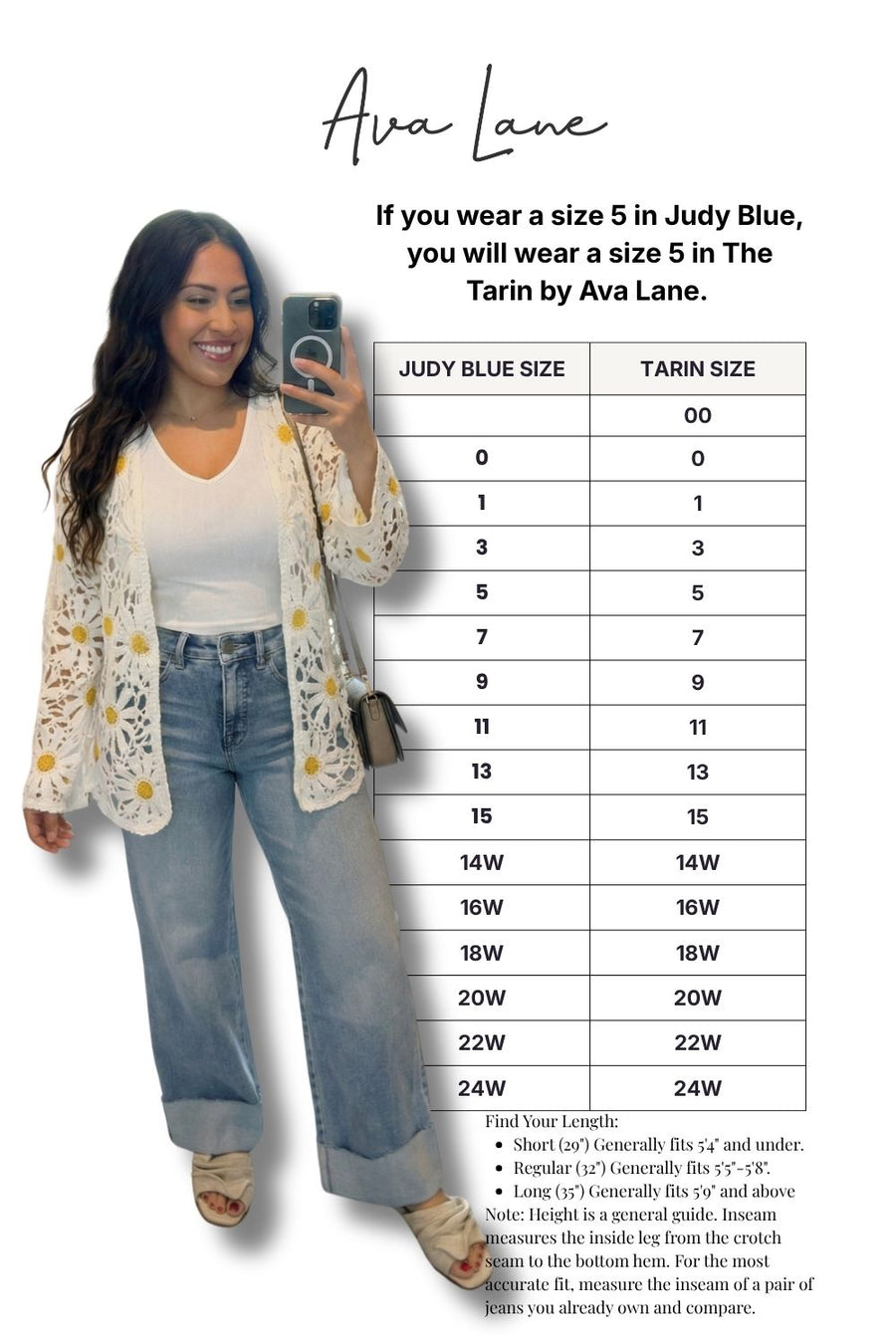Woman taking a selfie wearing a floral cardigan and jeans, with a size chart for Ava Lane clothing on a white background.