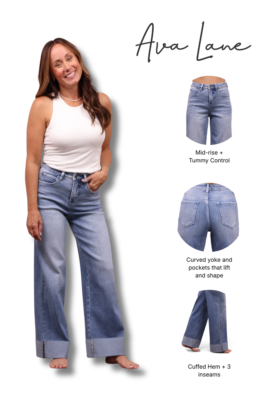 A promotional product image for 'Ava Lane' wide-leg jeans featuring a model on the left wearing the jeans, and three smaller inset images on the right showing the front, back, and side views of the cuffed hem and curved yoke design. The model wears a white tank top, and the background is solid white.