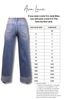 A size conversion chart for Ava Lane wide-leg jeans, showing a pair of blue jeans on the left and a size guide table comparing Judy Blue sizes to Tarin sizes. Text at the top explains that a size 5 in Judy Blue corresponds to a size 5 in Tarin.