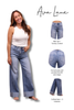 A promotional product image for 'Ava Lane' wide-leg jeans featuring a model on the left wearing the jeans, and three smaller inset images on the right showing the front, back, and side views of the cuffed hem and curved yoke design. The model wears a white tank top, and the background is solid white.